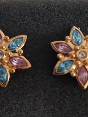 Avon Gold-Tone Floral Stud Earrings with Blue and Purple Stones
